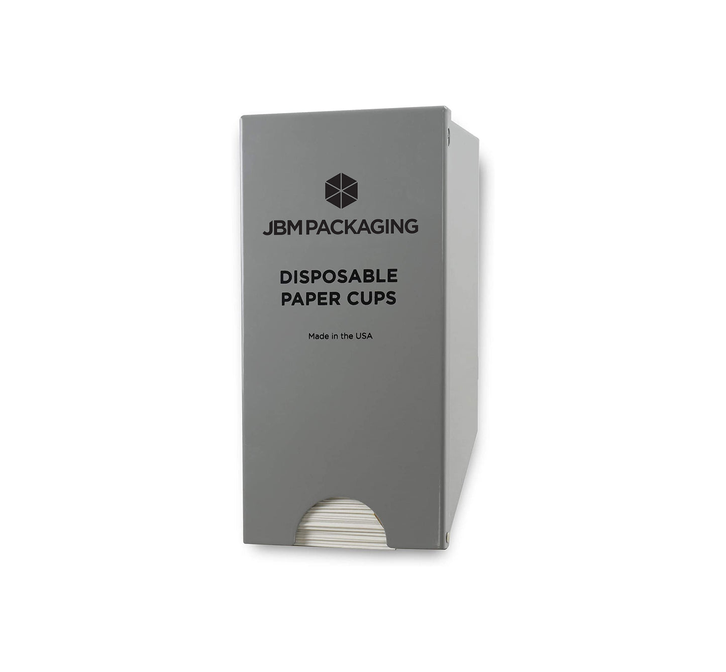 A gray dispenser of disposable paper cups. 